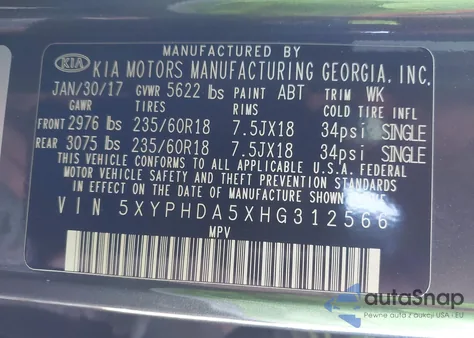 2017 Kia Sorento 3.3L Ex z USA, uszkodzony, nr VIN 5XYPHDA5XHG312566